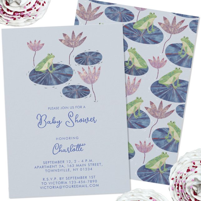Invitación Rana en un Baby Shower lirio (Frog fun gender neutral boy or girl baby shower invitation with custom text)