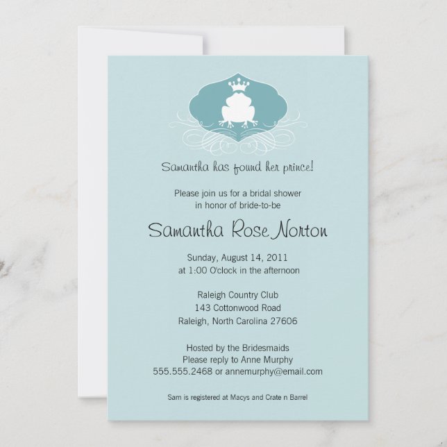 Invitación Rana Prince Ducha De Novias Temática (Anverso)