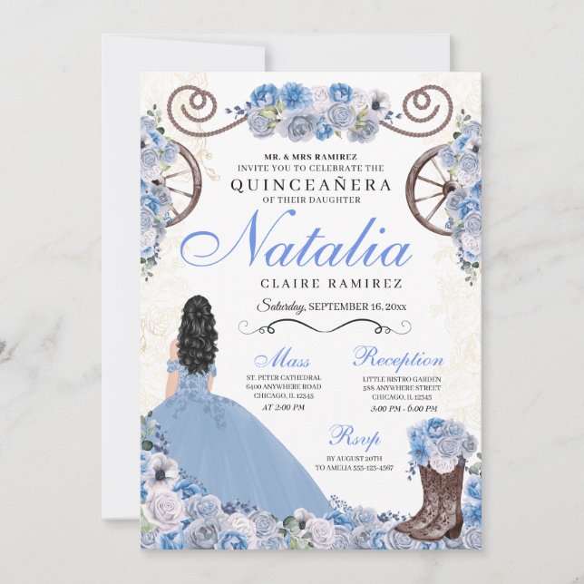 Invitación Ranchero azul claro vestido Princesa Quinceanera (Anverso)