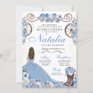 Invitación Ranchero azul claro vestido Princesa Quinceanera