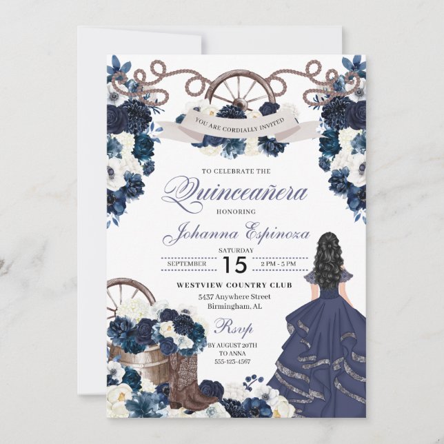 Invitación Ranchero occidental azul marino Quinceanera (Anverso)