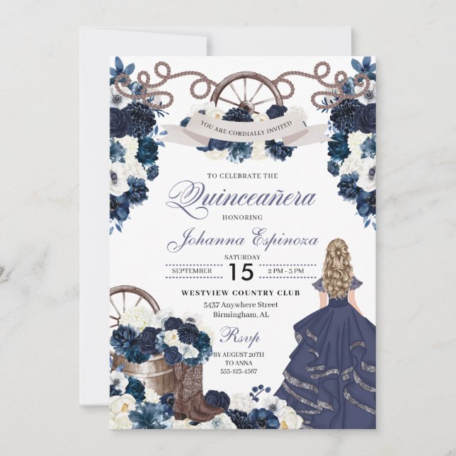 Invitación Ranchero occidental azul marino Quinceanera (Anverso)