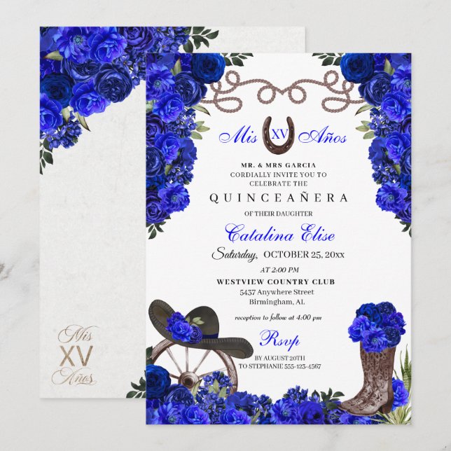 Invitación Ranchero occidental azul real Quinceanera (Anverso / Reverso)