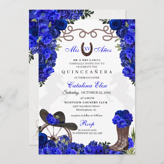 Invitación Ranchero occidental azul real Quinceanera (Anverso / Reverso)