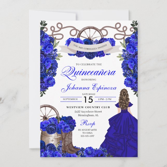 Invitación Ranchero occidental azul real Quinceanera (Anverso)