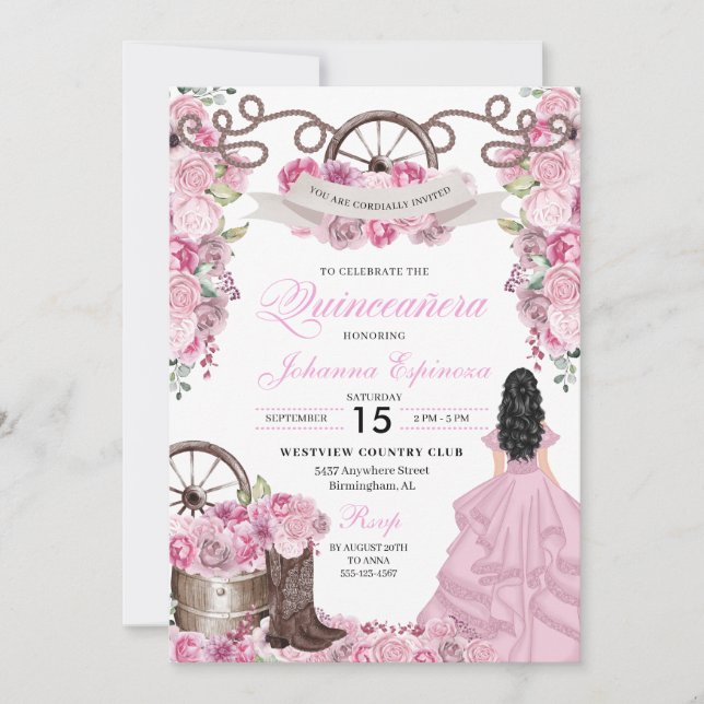 Invitación Ranchero occidental rosado Rosa Quinceanera (Anverso)