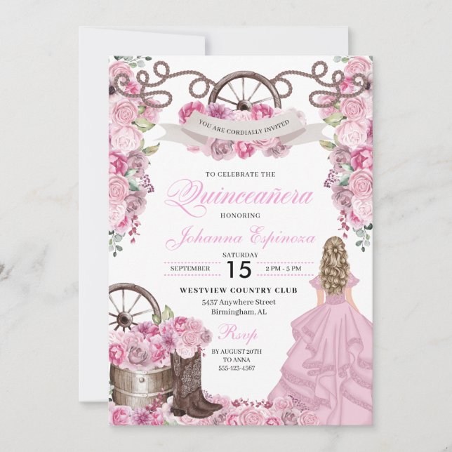 Invitación Ranchero occidental rosado Rosa Quinceanera (Anverso)