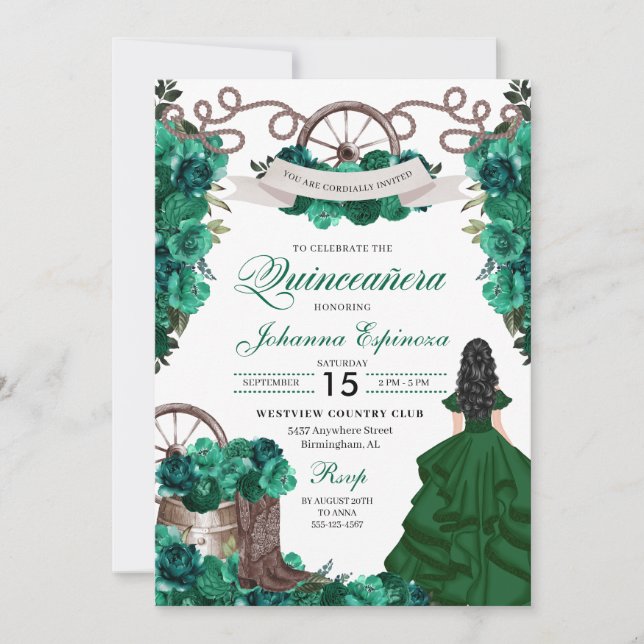 Invitación Ranchero occidental verde esmeralda Quinceanera (Anverso)