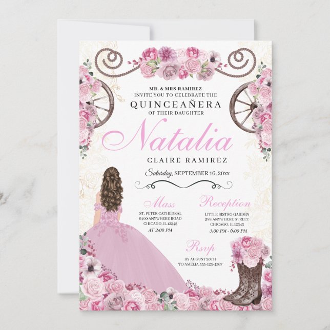 Invitación Ranchero rosa Rubor vestido de princesa Quinceaner (Anverso)