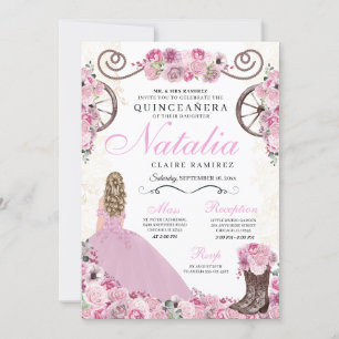 Invitación Ranchero rosa Rubor vestido de princesa Quinceaner