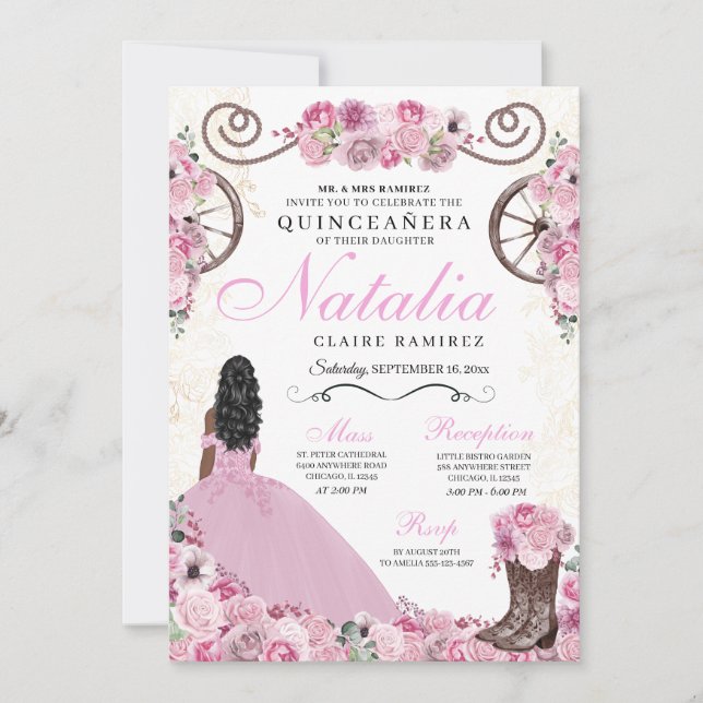 Invitación Ranchero rosa Rubor vestido de princesa Quinceaner (Anverso)