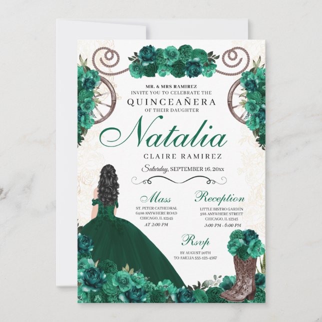 Invitación Ranchero Verde Vestido Princesa Quinceanera (Anverso)