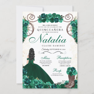 Invitación Ranchero Verde Vestido Princesa Quinceanera