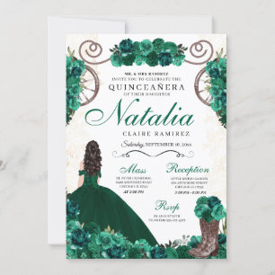 Invitación Ranchero Verde Vestido Princesa Quinceanera