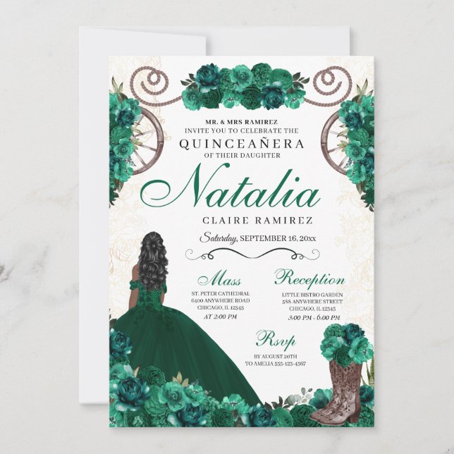 Invitación Ranchero Verde Vestido Princesa Quinceanera (Anverso)