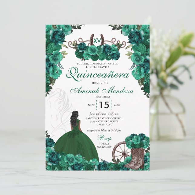 Invitación Rancho Charra Verde y Caballo Quinceañera (Anverso de pie)