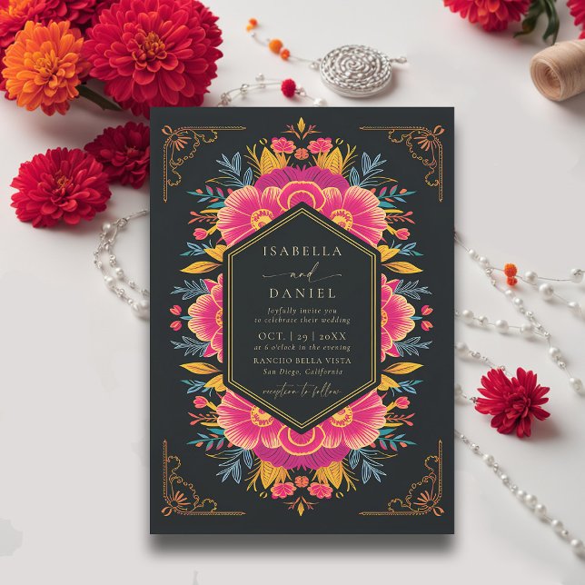 Invitación Rancho Mexicano Audaz Flores Rústicas Boda de Wrea (rancho mexican wedding invitation fiesta hacienda watercolor floral frame elegant modern chic)