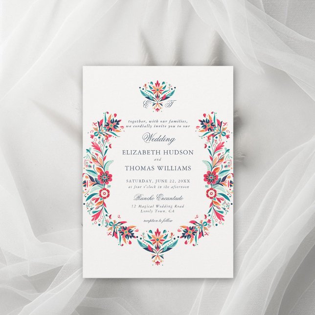Invitación Rancho Mexicano Marco Floral Elegante Boda Escudo (rancho wedding mexican invitation floral frame watercolor wildflower formal classic traditional)