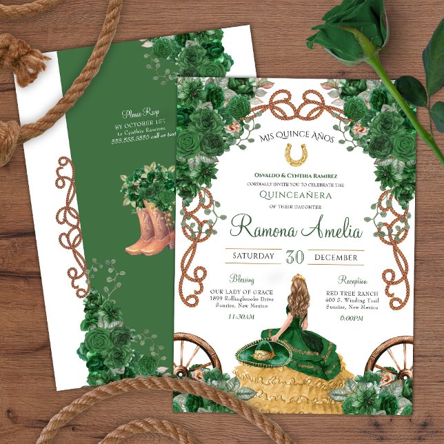 Invitación Rango Occidental de Floral Verde Charra Quinceañer (Subido por el creador)