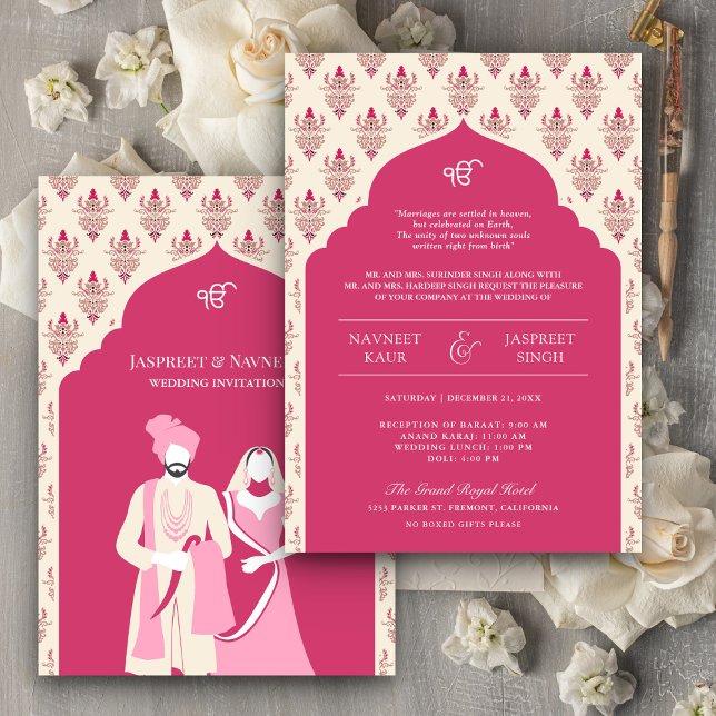 Invitación Rani Pink Cream Punjabi Anand Karaj Sikh Boda (Subido por el creador)