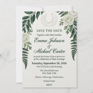 Invitación Ranúnculo blanco, helecho, motivo de herradura y a