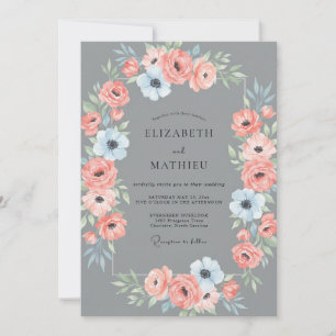 Invitación Ranúnculo Coral Pizarra Suave Boda Eucalipto