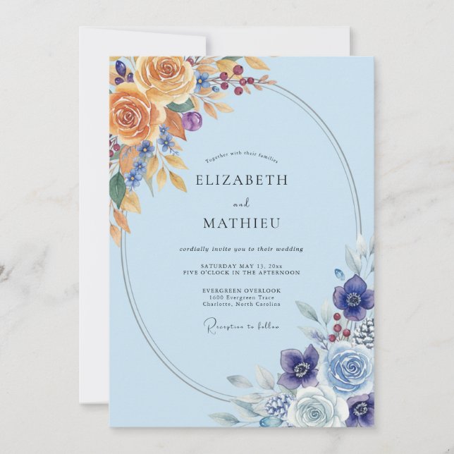 Invitación Ranúnculo Dorado Periwinkle Boda Sage (Anverso)