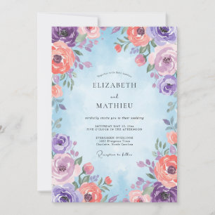 Invitación Ranúnculo Púrpura Coral Eucalipto Suave Boda