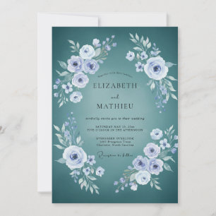Invitación Ranúnculo Verde Azul Follaje Eucalipto Boda