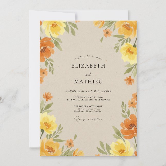 Invitación Ranúnculos de Miel Ámbar y Eucalipto para Boda (Anverso)