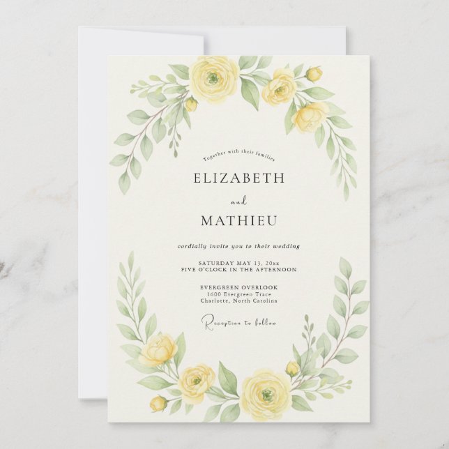 Invitación Ranunculus Amarillo Pálido Boda Eucalipto Gris (Anverso)