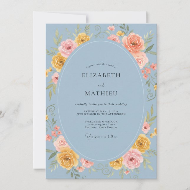 Invitación Ranunculus Amarillo Periwinkle Gris Eucalipto Wedd (Anverso)