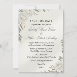 Invitación Ranunculus Blanco Neutral y Rama de Olivo Save