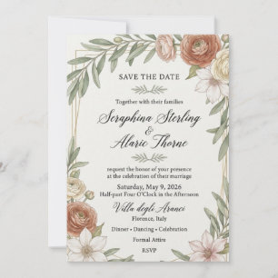 Invitación Ranunculus, Clematis, Ramas de Olivo, Geometría Do