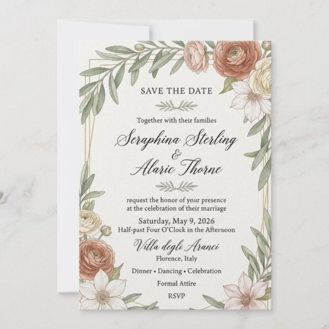 Invitación Ranunculus, Clematis, Ramas de Olivo, Geometría Do (Anverso)