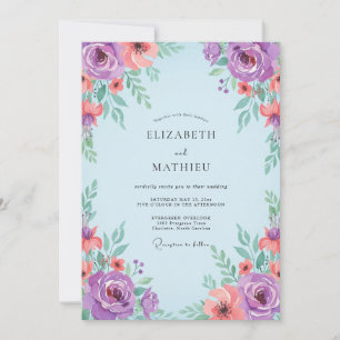 Invitación Ranunculus Coral Púrpura Boda Eucalipto Gris