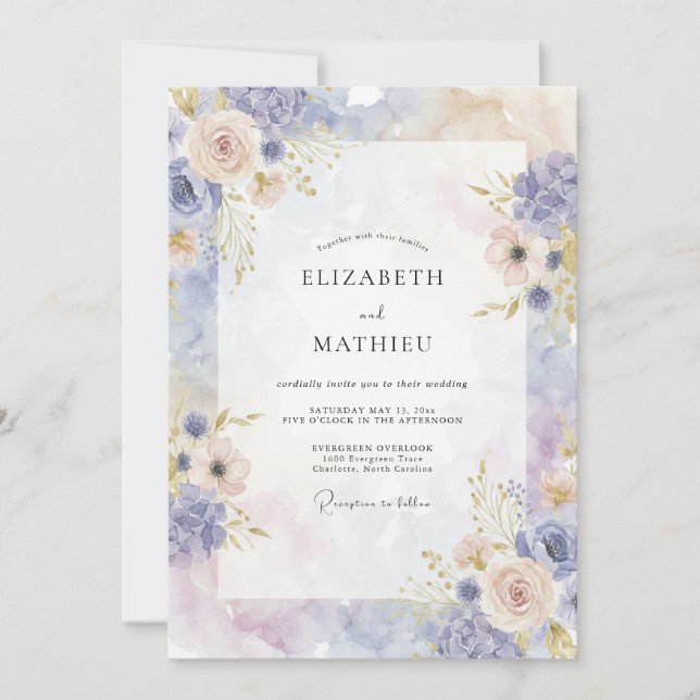 Invitación Ranunculus de Champán Periwinkle Boda de Eucalipto (Anverso)