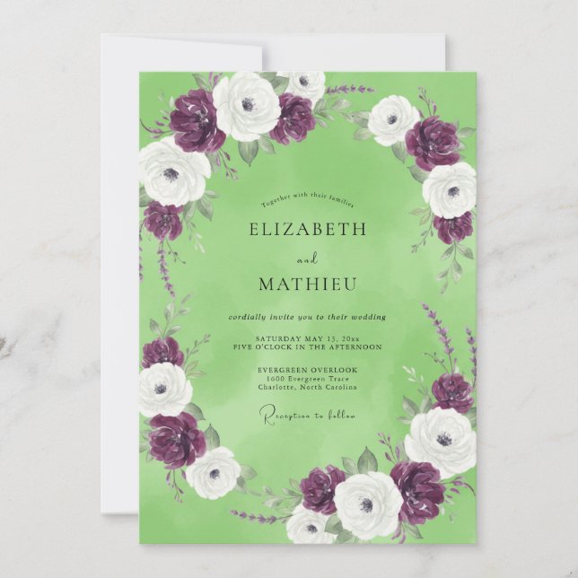 Invitación Ranunculus de ciruela pistacho y eucalipto para bo (Anverso)