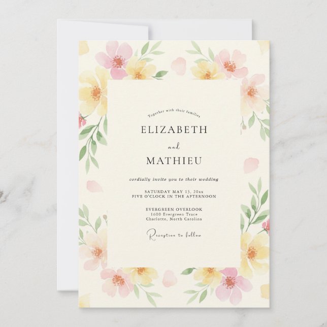 Invitación Ranunculus de eucalipto amarillo pálido para boda (Anverso)