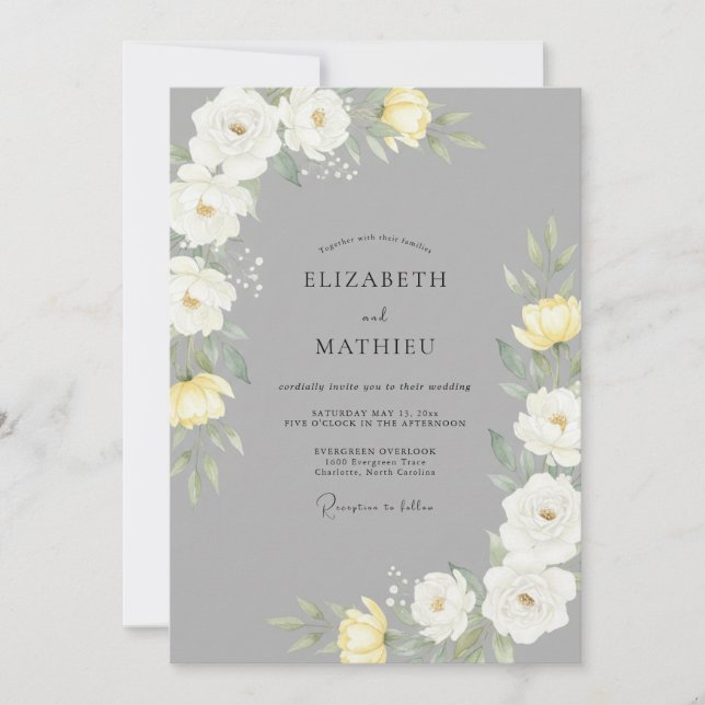 Invitación Ranunculus de Eucalipto Amarillo Pizarra Boda (Anverso)