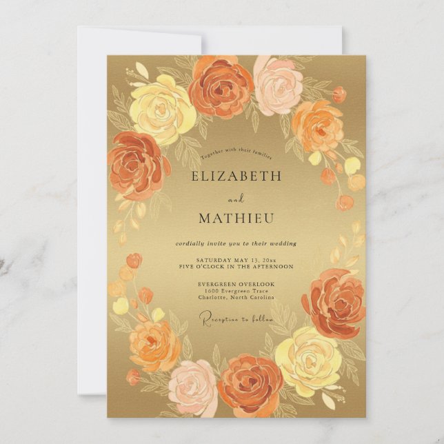 Invitación Ranunculus de Eucalipto Bodas de Ámbar Dorado (Anverso)