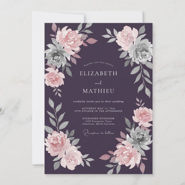 Invitación Ranunculus de Eucalipto Rosa Ciruela Boda (Anverso)