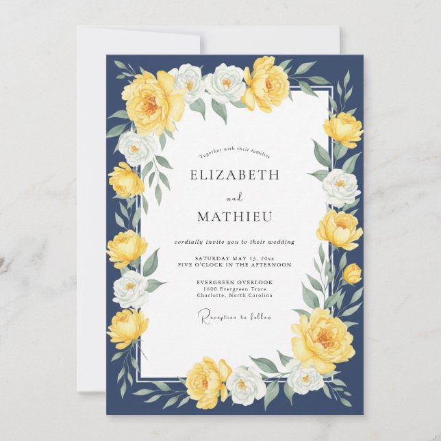 Invitación Ranunculus de oro de medianoche con suave eucalipt (Anverso)