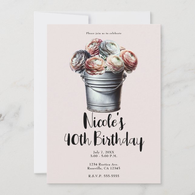 Invitación Ranunculus en Cubo de Hojalata Glam Rústico Cumple (Anverso)