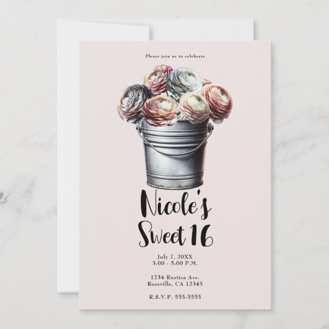 Invitación Ranunculus en Cubo de Hojalata Glam Rústico Rosa D (Anverso)
