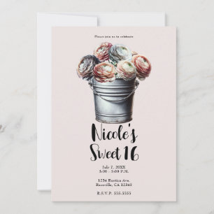 Invitación Ranunculus en Cubo de Hojalata Glam Rústico Rosa D
