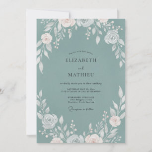 Invitación Ranunculus Teal Desvaído Suave Boda de Eucalipto