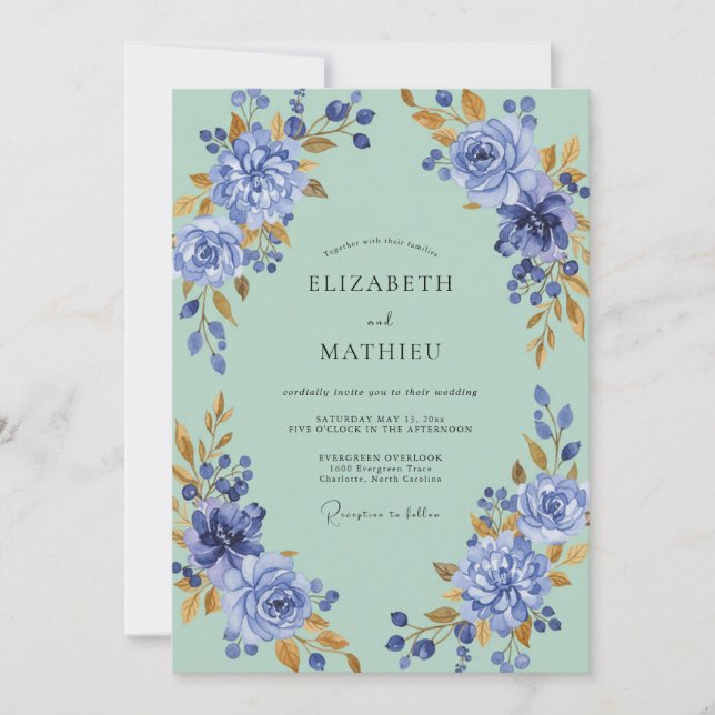 Invitación Ranunculus Verde Marino Gris Eucalipto Wedd (Anverso)