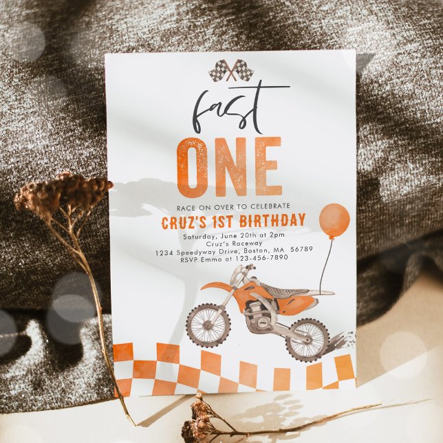 Invitación Rápido Naranja Dirt Bike Boy primer Fiesta de cump (Subido por el creador)