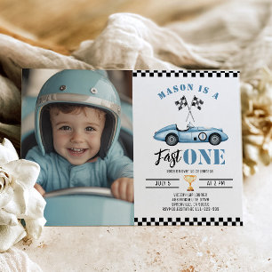 Invitación Rápido Uno Azul Foto Coche de Carreras Niño Cumple